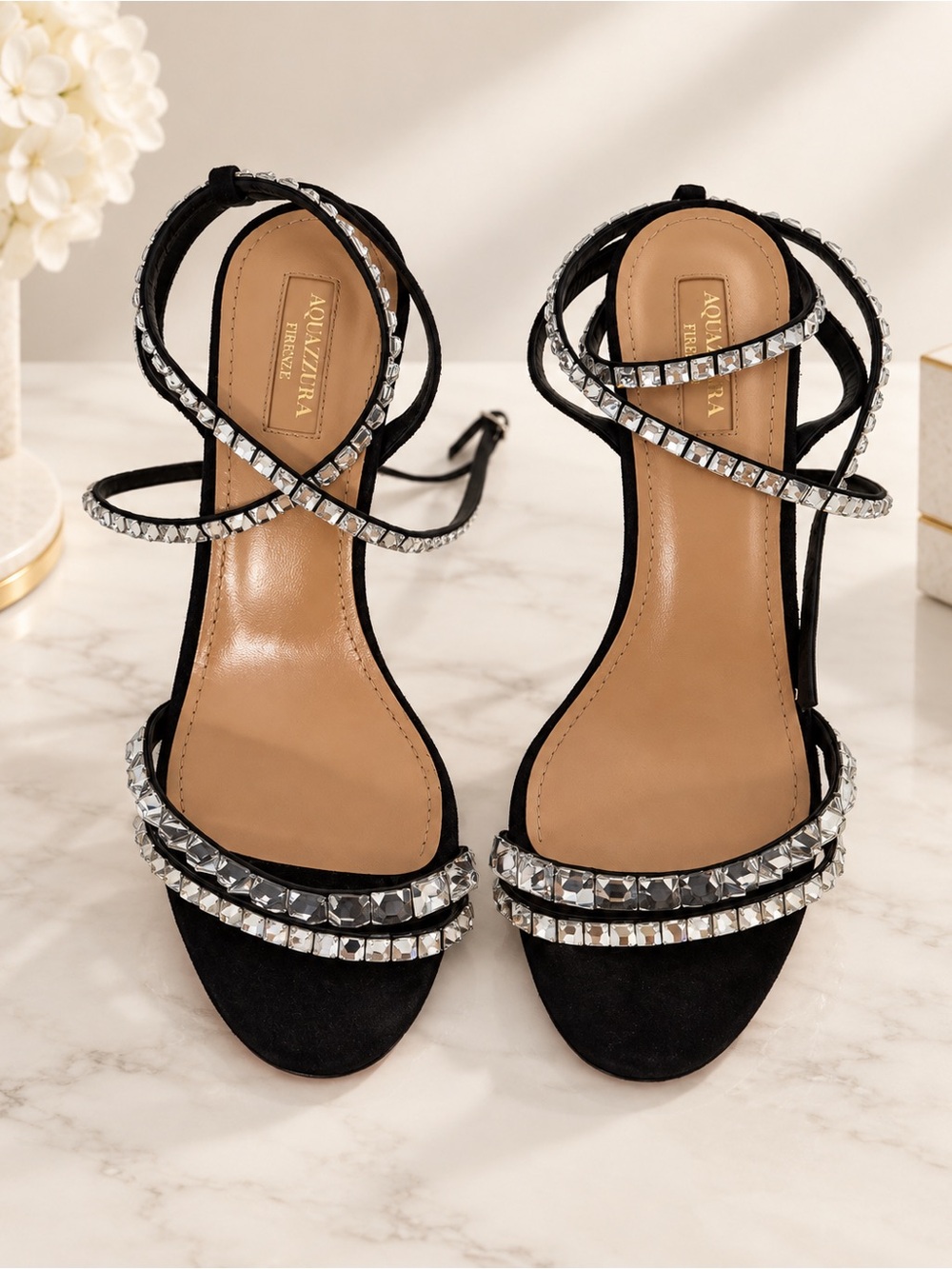 Aquazzura Black Suede Crystal Wrap Sandals